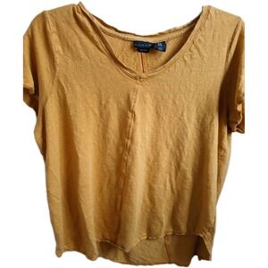 Tahari 1X Shirt Top Mustard Yellow Linen V Neck Short Sleeve Lightweight